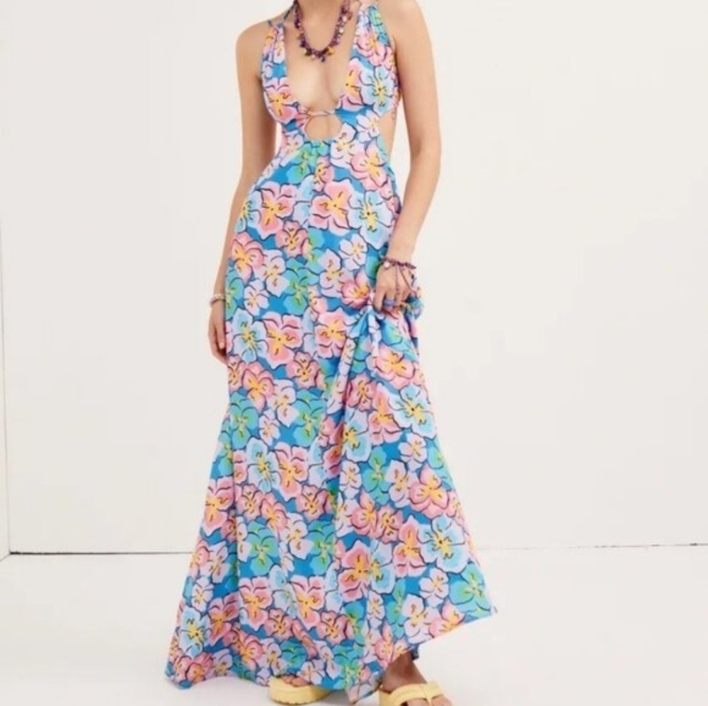 For Love & Lemons Yasmin Open Back Maxi Dress Pink Blue NWT Size Sm.